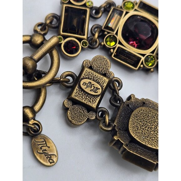 MYKA Swarovski crystal panel bracelet in bronzed brass green burgundy champagne - Picture 2 of 7